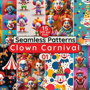 Clown Carnival Circus Seamless Patterns PNG background printable instant download for Card Scrapbook Textile Fabric Wallpapers Journal Pages
