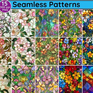 May include: 15 seamless patterns featuring stained glass style floral designs. The patterns include various flowers, such as roses, lilies, and daisies, in a variety of colors, including red, blue, green, yellow, and purple.