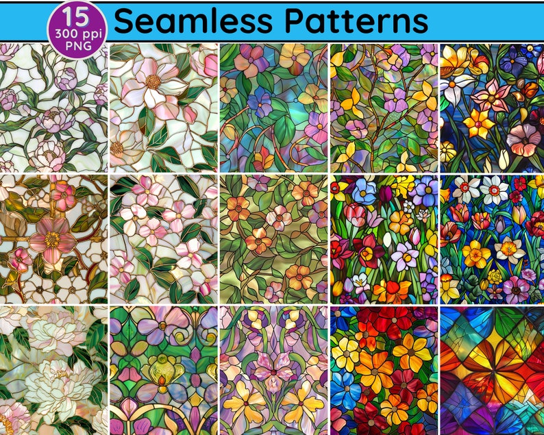 May include: 15 seamless patterns featuring stained glass style floral designs. The patterns include various flowers, such as roses, lilies, and daisies, in a variety of colors, including red, blue, green, yellow, and purple.
