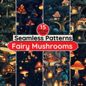 Puede incluir: Una colección de patrones sin costuras con hongos de hadas caprichosos y casas de hongos en un entorno de bosque oscuro. La imagen incluye el texto "Patrones sin costuras" y "Hongos de hadas". Los patrones son digitales.