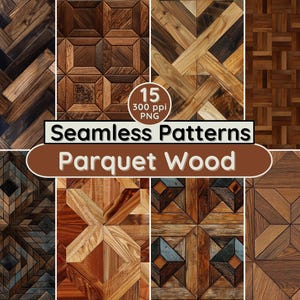 Può includere: Una collezione di motivi parquet in legno senza cuciture in vari design e tonalità di marrone. L'immagine include una varietà di motivi geometrici, tra cui spina di pesce, quadrati e motivi a stella. Il testo sull'immagine recita "Seamless Patterns Parquet Wood".