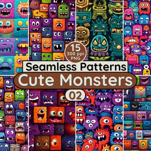 Naadloze digitale PNG-patronen Cute MONSTERS achtergrond plakboek uitnodigen knutselen inpakpapier afdrukbaar textielontwerp Instant Download