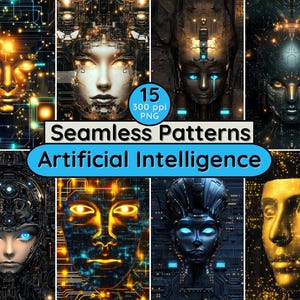 人工知能 AI シームレスパターン 未来的なロボットの顔 サイバーパンク回路基板 スクラップブックの壁紙用の SF 背景
