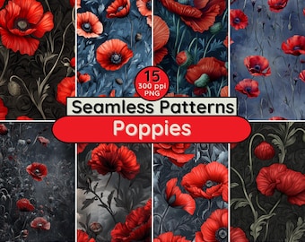Red Poppies Seamless Pattern: Gothic Floral Digital Paper (PNG)