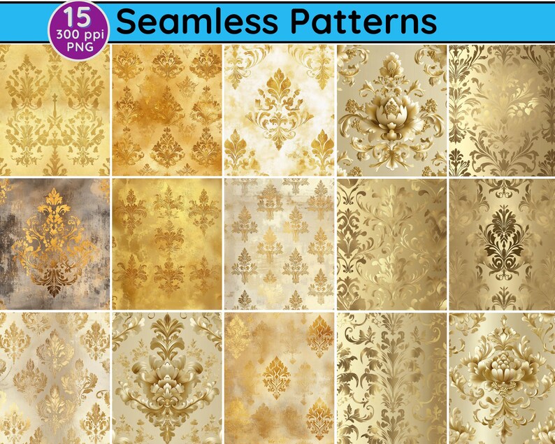 Gold Damask Seamless Patterns: Vintage Wedding Digital Paper (PNG ...