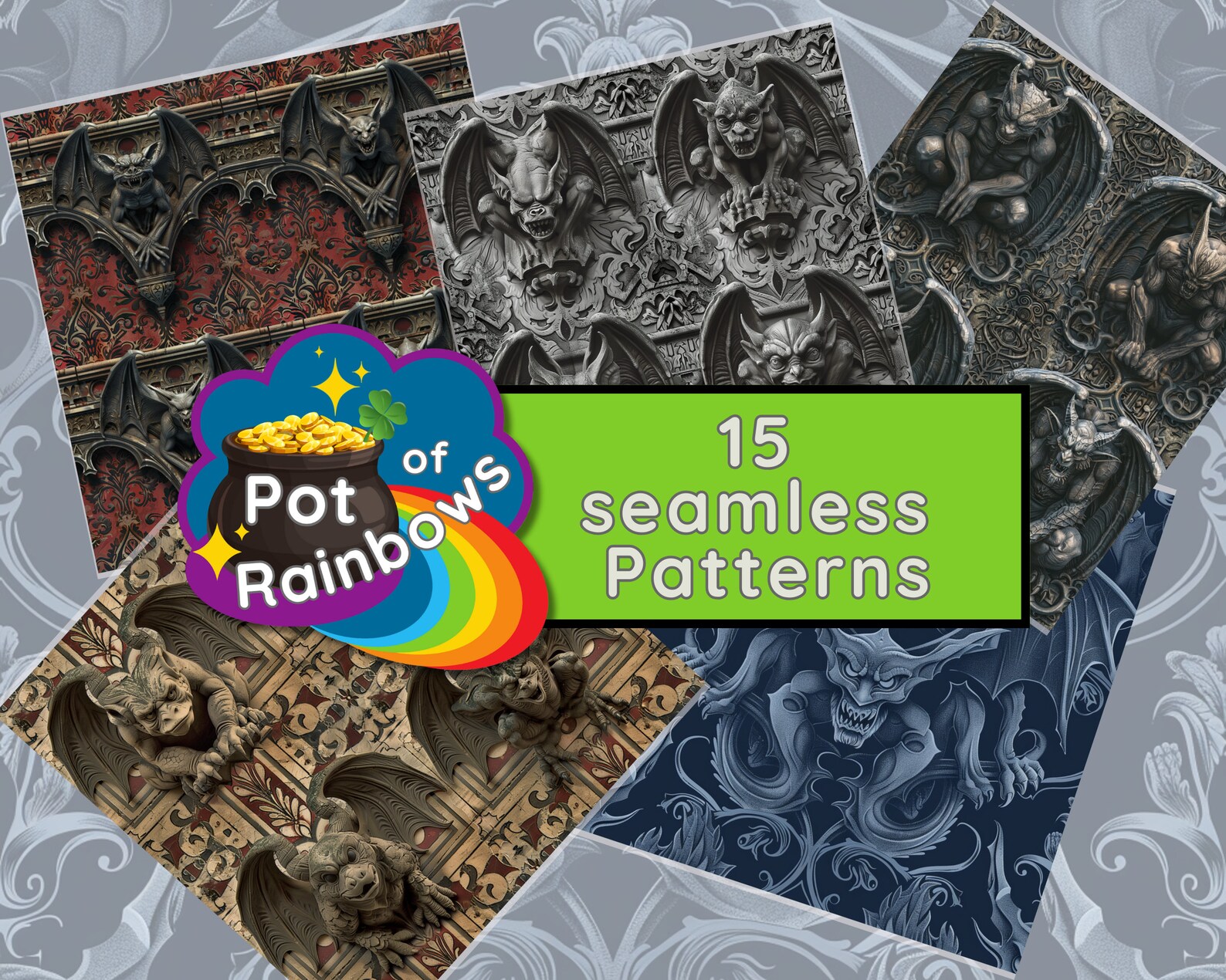 Gargoyle Gothic Seamless Patterns: PNG Backgrounds (digital Download ...
