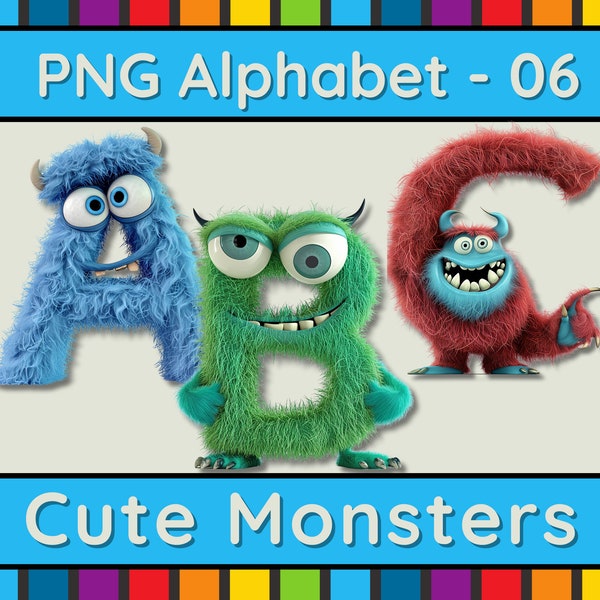 A to Z Clipart Font Cute Monsters Typography uppercase letters PNG transparent background DIY Scrapbooking Invitation digital download