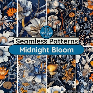 Midnight Bloom Naadloze patronen donkere bloemen marineblauw oranje bloemen botanische ontwerpen digitale kunst voor scrapbooking achtergrond doe-het-zelfprojecten