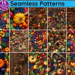 K&ouml;nnte beinhalten: 15 nahtlose Muster mit Herbst-Ernte-Motiven. Die Muster beinhalten eine Vielzahl von Fr&uuml;chten, Gem&uuml;se und Herbstlaub in Rot-, Orange-, Gelb-, Gr&uuml;n- und Braunt&ouml;nen. Die Muster sind perfekt f&uuml;r die Erstellung von Herbst-basierten Bastelarbeiten, Dekorationen und Designs.