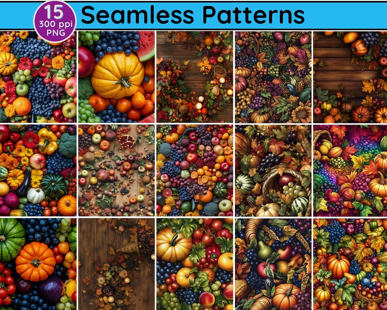 K&ouml;nnte beinhalten: 15 nahtlose Muster mit Herbst-Ernte-Motiven. Die Muster beinhalten eine Vielzahl von Fr&uuml;chten, Gem&uuml;se und Herbstlaub in Rot-, Orange-, Gelb-, Gr&uuml;n- und Braunt&ouml;nen. Die Muster sind perfekt f&uuml;r die Erstellung von Herbst-basierten Bastelarbeiten, Dekorationen und Designs.