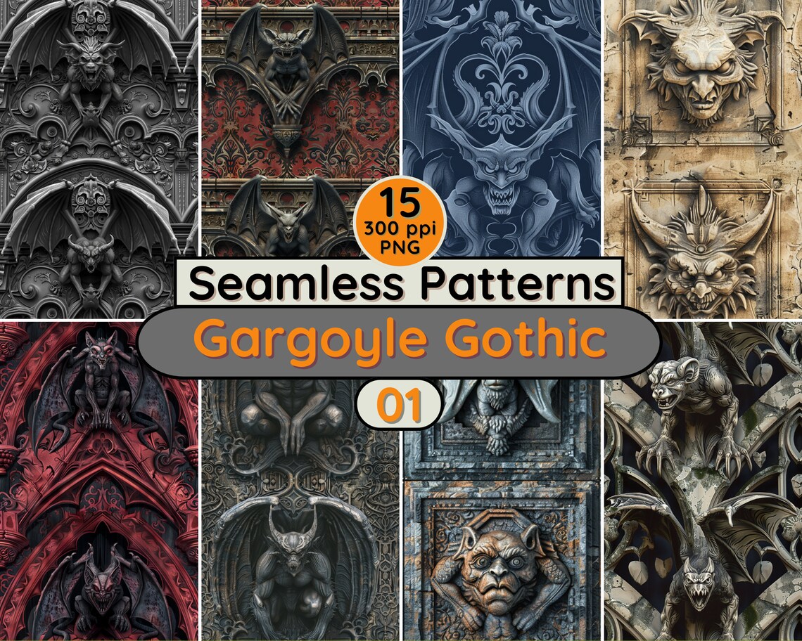 Gargoyle Gothic Seamless Patterns: PNG Backgrounds (digital Download ...