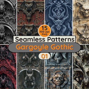 Puede incluir: Un conjunto de 15 patrones sin costuras con diseños góticos de gárgolas. Los patrones son en negro, gris y blanco con un fondo rojo y azul. Los patrones son de 300 ppi y en formato PNG.
