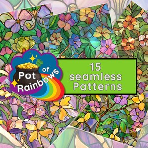 May include: 15 seamless stained glass patterns featuring floral designs in shades of purple, pink, yellow, and green. The patterns are perfect for crafting, scrapbooking, and digital design projects.