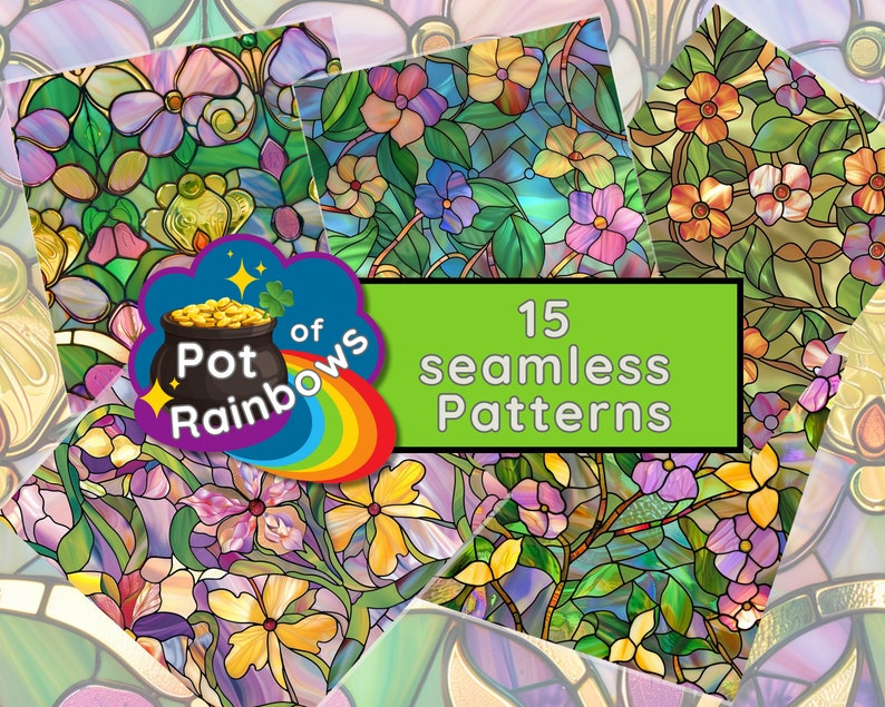 May include: 15 seamless stained glass patterns featuring floral designs in shades of purple, pink, yellow, and green. The patterns are perfect for crafting, scrapbooking, and digital design projects.