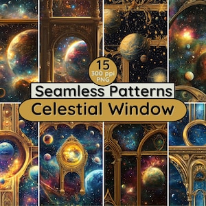 Celestial Window Seamless Patterns Cosmic Space Galaxy Nebula Stars & Planet Designs Digital Art for Scrapbooking Wallpaper DIY Projects
