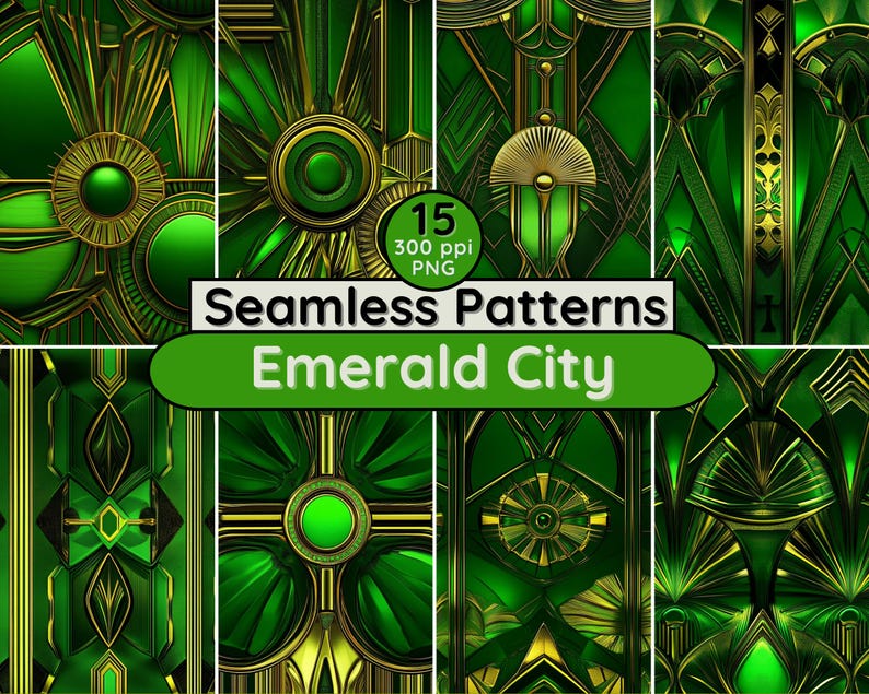 Emerald City Art Deco Seamless Patterns: Green & Gold (digital Download ...