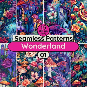 Les Aventures d'Alice au pays des merveilles Motifs sans couture PNG florals fond botanique à télécharger pour scrapbooking textile tissu papiers peints journal