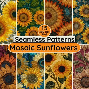 Könnte beinhalten: Eine Sammlung von 15 nahtlosen Mustern mit Mosaik-Sonnenblumen in verschiedenen Farben. Die Muster zeigen Sonnenblumen in Gelb-, Orange-, Rot- und Brauntönen mit grünen Blättern und Stielen. Der Text auf dem Bild lautet "Seamless Patterns Mosaic Sunflowers".