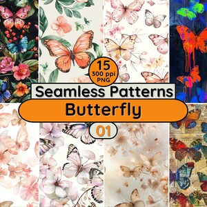Papillons motifs sans couture PNG arrière-plan téléchargement immédiat pour scrapbooking textile tissu papiers peints gobelets pochettes page de journal indésirable