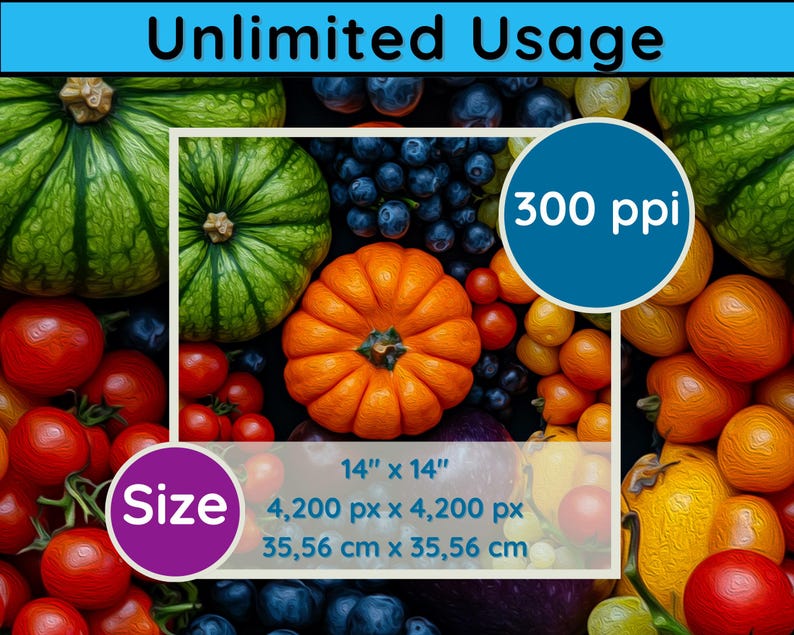 K&ouml;nnte beinhalten: Ein Nahaufnahmebild von verschiedenen Fr&uuml;chten und Gem&uuml;se, darunter K&uuml;rbisse, Tomaten und Trauben. Das Bild ist 14 Zoll mal 14 Zoll gro&szlig; und hat eine Aufl&ouml;sung von 300 Pixel pro Zoll. Der Text "Unlimited Usage" wird oben im Bild angezeigt.
