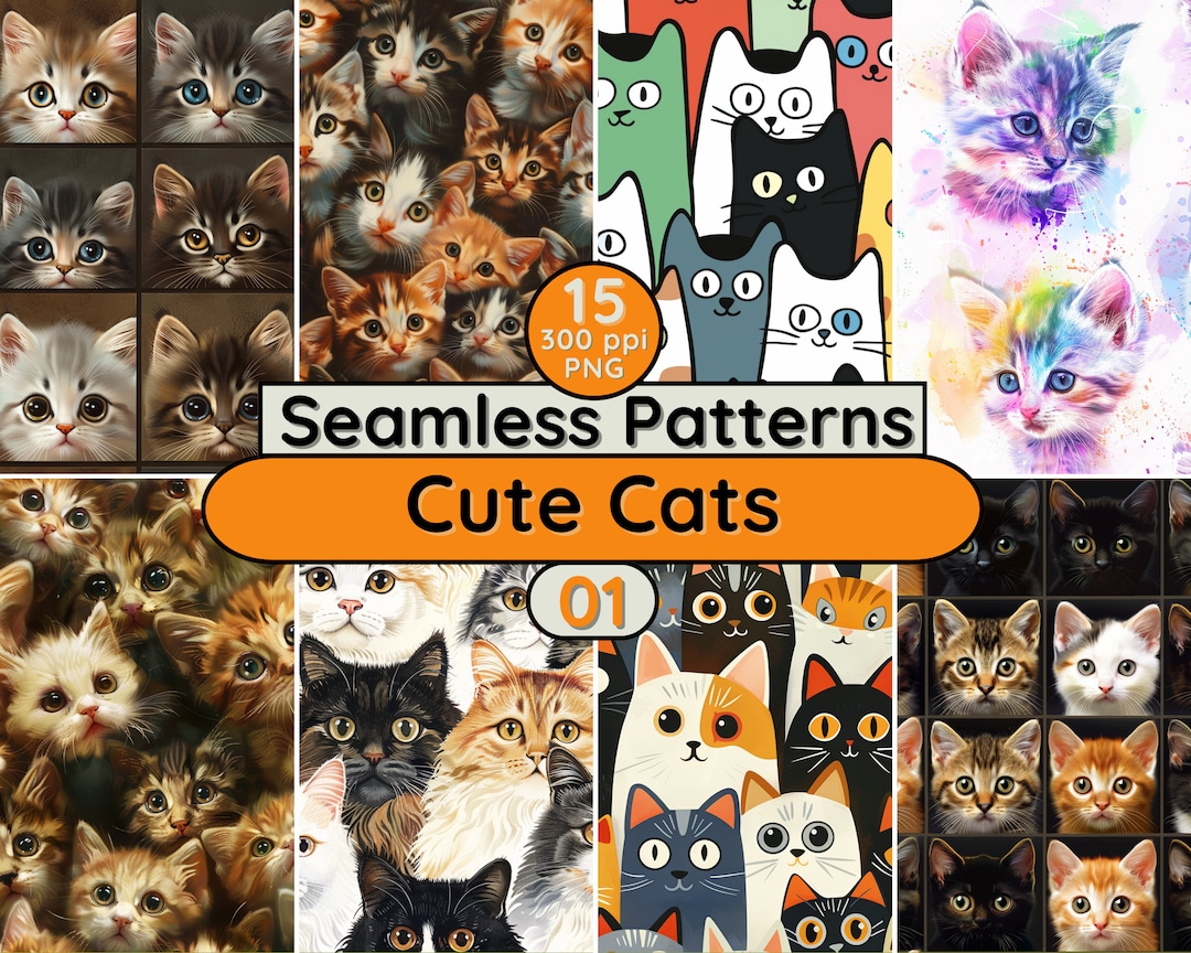 Patterns Feline Cats Seamless Pattern, Playful Feline PNG Background (digital Download ...