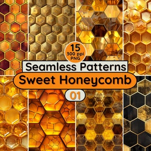 May include: 15 seamless patterns of a sweet honeycomb design in various colors and textures. The patterns are 300 ppi and in PNG format.