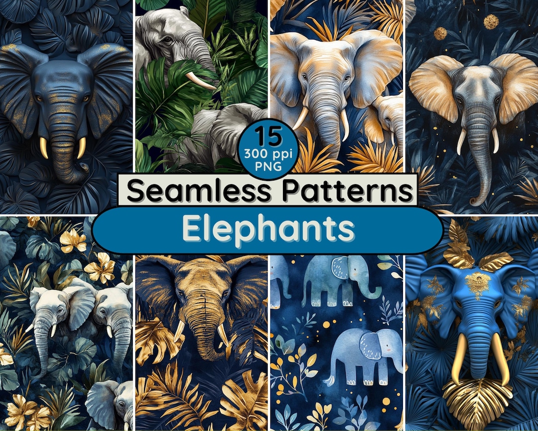 Elephant Seamless Pattern: Tropical Jungle Wildlife (digital Download ...