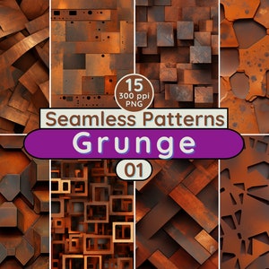 Peut inclure: 15 motifs grunge sans couture dans une variété de tons brun rouille. Les motifs sont composés de formes géométriques, y compris des carrés, des rectangles et des hexagones.
