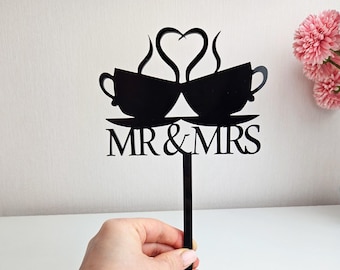 Mr and Mrs Coffee Cups Acrylic Wedding Cake Topper