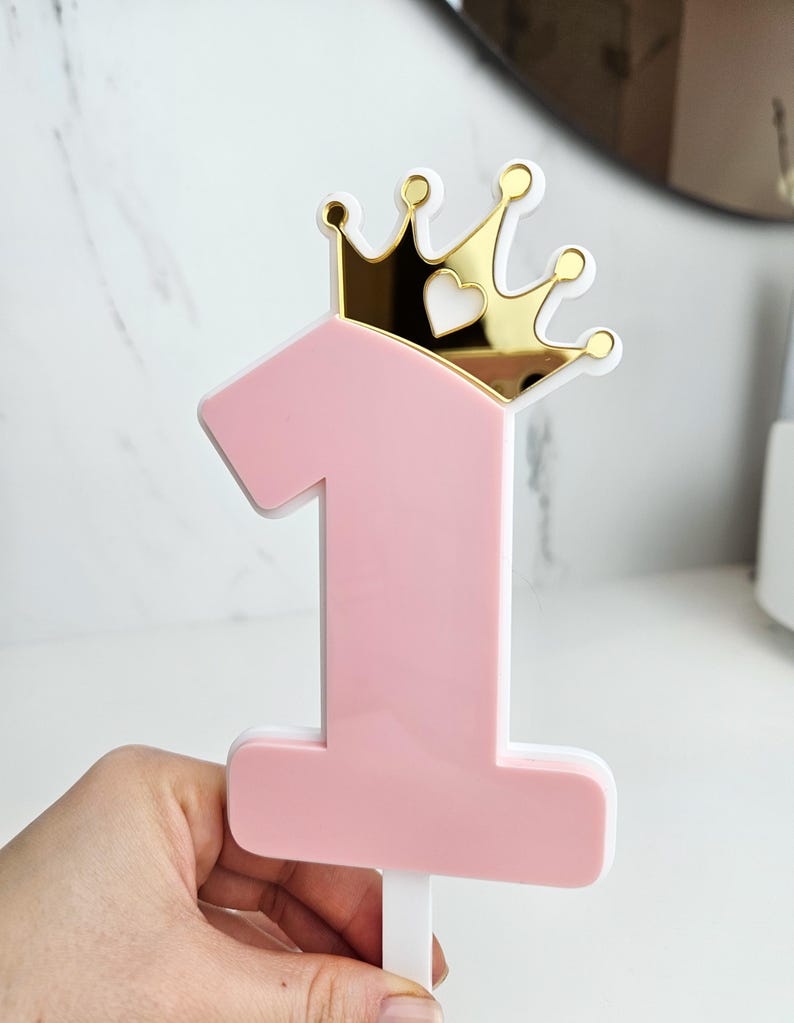Princess Birthday Cake Topper - Pink & White Acrylic With Gold Crown ...