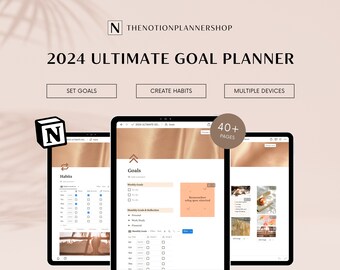 Planificador de objetivos definitivo 2024 / Plantilla de panel de nociones digitales / Establecimiento y seguimiento de objetivos / The Peach Romance