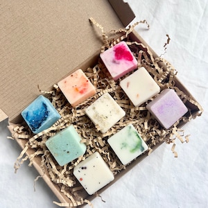 May include: A set of nine small, square-shaped wax melts in a variety of colours and patterns, including pink, blue, green, white, and purple. The wax melts are arranged in a box with brown paper shredding.