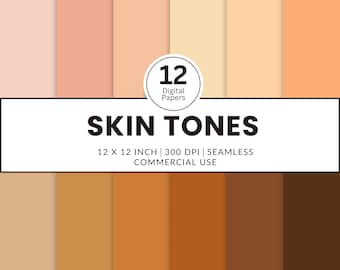 12 Skin Tones Digital Papers, Seamless Patterns, 12x12, Palette of realistic skin tones, black, caucasian, asian, Indian, aboriginal, brown