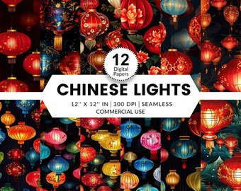 12 Chinese Lights Digital Papers, Seamless Patterns, 12x12, Realistic 3D images textures of Chinese lanterns New Year red blue gold colorful
