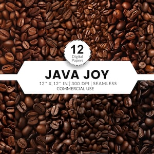 Può includere: Un'immagine ravvicinata di un motivo senza cuciture di chicchi di caffè marroni. L'immagine è etichettata "JAVA JOY" e include il testo "12 Digital Papers, 12" x 12" IN | 300 DPI | SEAMLESS, COMMERCIAL USE".