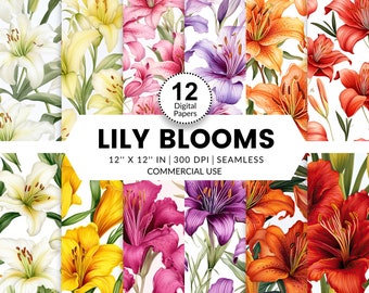 12 Lily Blooms Digital Papers, Seamless Patterns, 12x12, Watercolor images textures of Day Lily flowers in full bloom pink yellow purple red