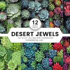 Papeles digitales "12 Joyas del Desierto", patrones sin costuras, 12 x 12, imágenes realistas en 3D y vectores de plantas suculentas para fondos e impresiones.