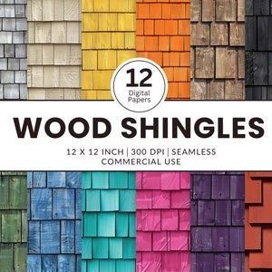 Op de afbeelding: Twaalf digitale papieren met verschillende houtenschinglespatronen in verschillende kleuren, waaronder grijs, wit, geel, oranje, bruin, groen, blauw, turquoise, roze, paars en rood. De papieren zijn 30,48 cm bij 30,48 cm en 300 DPI. Ze zijn naadloos en voor commercieel gebruik.