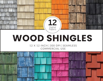 12 Wood Shingles 1 Digital Papers, Seamless Patterns, 12x12, Realistic images wooden roofing siding cladding rustic stained painted dyed