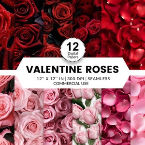 12 Valentine Roses digitaal papier, naadloze patronen, 12 x 12, realistische 3D-afbeeldingen van rode en roze rozen, rozenblaadjes, romantische achtergrond