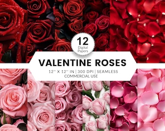 12 Valentine Roses Digital Papers, Seamless Patterns, 12x12, Realistic 3D images of red and pink roses, rose petals, romantic backdrop