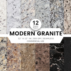May include: Twelve digital papers featuring different patterns of modern granite. The papers are 12 inches by 12 inches and 300 DPI. They are seamless and for commercial use.