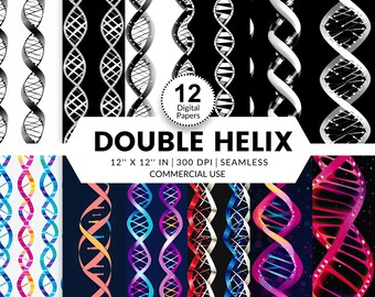 12 Double Helix Digital Papers, Seamless Patterns, 12x12, Images of DNA black and white colorful strands genetic code molecular repeating