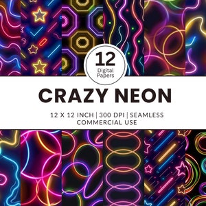 12 Crazy Neon Digital Papers, nahtlose Muster, 12x12, lustige zufällige Bilder von Neonfarbenlichtern auf einem schwarzen Hintergrund für Hintergrundposter