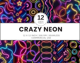 12 Crazy Neon Digital Papers, Seamless Patterns, 12x12, Fun random images of neon color lights on a black background for backdrop posters