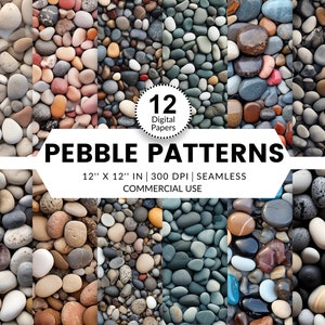 May include: Twelve seamless digital paper patterns featuring various close-up textures of smooth and rough pebbles in shades of gray, brown, white, and red. The patterns are 12 inches by 12 inches and 300 DPI.  They are for commercial use.