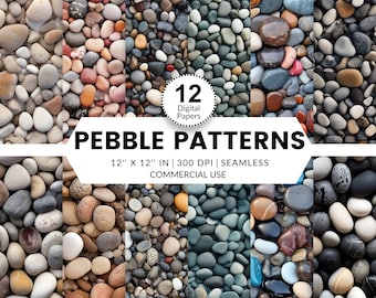 12 Pebble Patterns Digital Papers, Seamless Patterns, 12x12, Realistic 3D images of small stones on beach in pile multi-colored textures