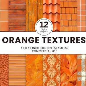 以下が含まれることがあります： オレンジのテクスチャを特徴とする12枚のデジタルペーパー。レンガ、木材、革、格子模様などがあります。ペーパーは30.48cm x 30.48cmで、300 DPIです。シームレスで商用利用可能です。