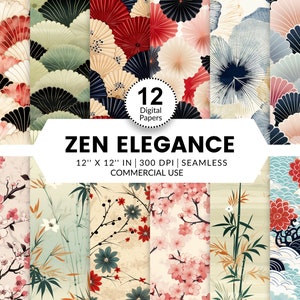 Puede incluir: Un conjunto de 12 papeles digitales con diseños de inspiración japonesa. Los papeles incluyen patrones de flores de cerezo, bambú y abanicos en tonos de rosa, azul, verde y dorado. Los papeles miden 30,5 cm por 30,5 cm y 300 DPI. Son sin costuras y para uso comercial.