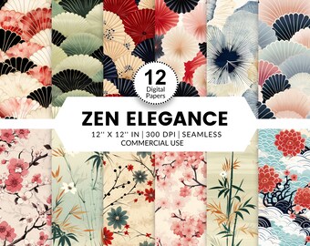 12 Zen Elegance Digital Papers, Seamless Patterns, 12x12, Japanese rice paper designs in high definition images of shell fans cherry blossom